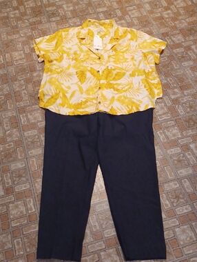 Wonderly Yellow Leaf Print Blouse with   Black Pull On Pants